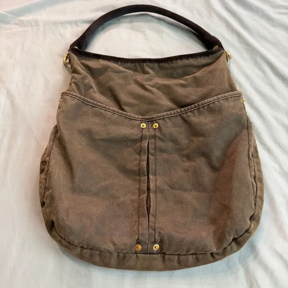 Zara Brown Canvas Leather Trim Hobo Shoulder Bag Women's Large